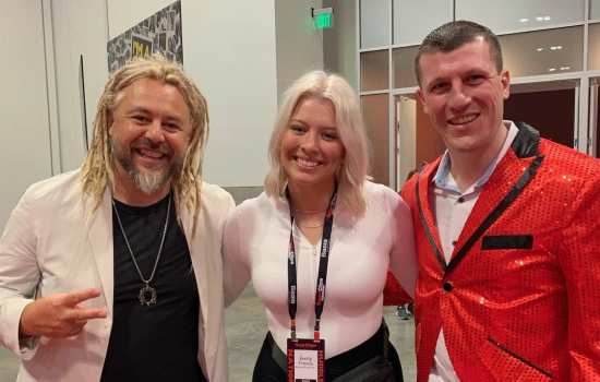 Battle of the Hair Winner Emily with Kelly Cardenas and Sport Clips CEO, Edward Logan